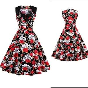 Black Floral Skull Tea Length Vintage Inspired Flare Sleeveless Dress